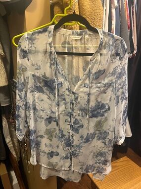 Reitmans White Sheer Blouse with Blue Floral Print